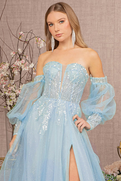 Sequin Glitter Sheer Bodice Illusion Sweetheart A-line Mesh Long Prom Dress GLGL3118-2
