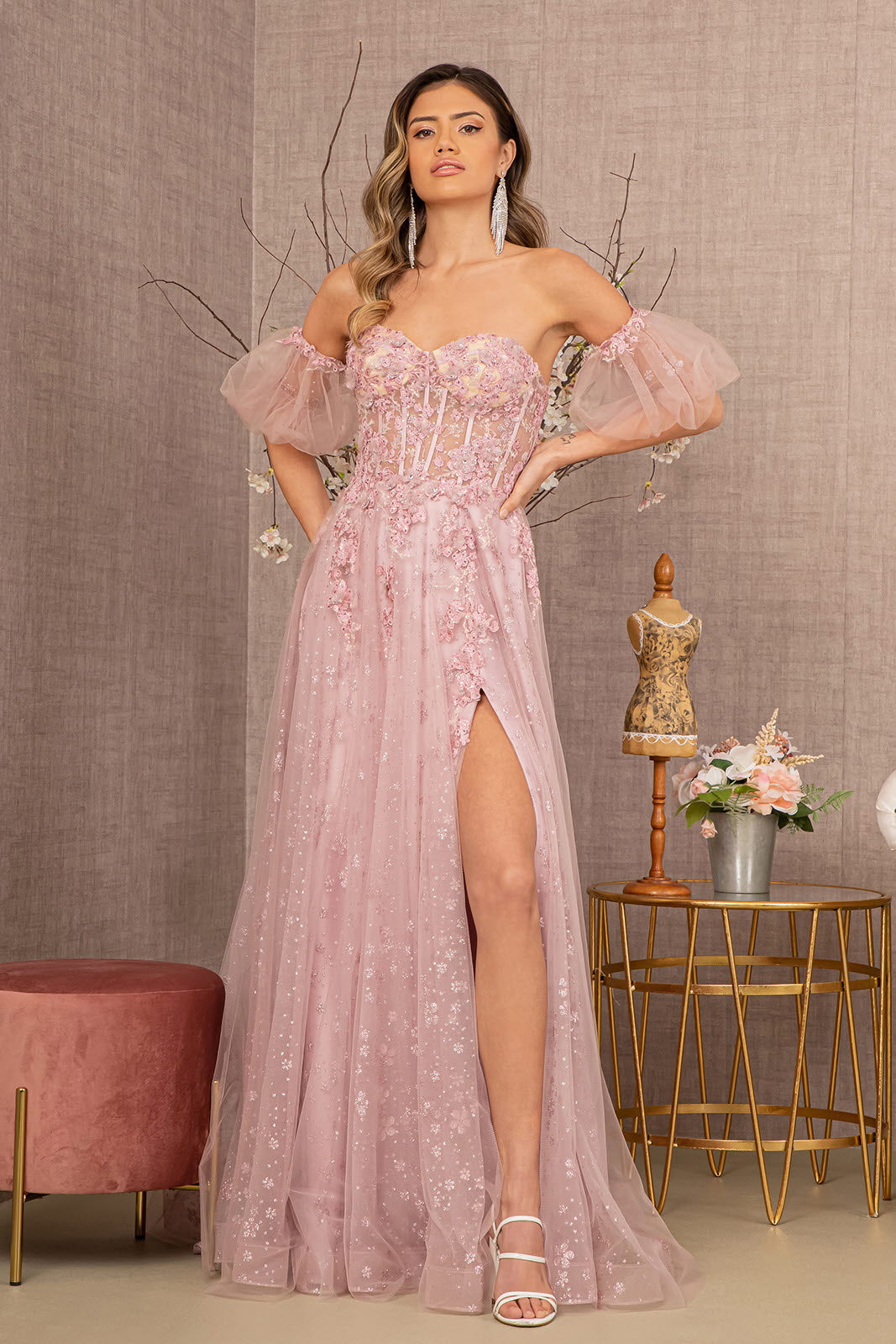 Strapless Sheer Bodice Mesh A-Line w/ Detachable Short Mesh Sleeves Long Prom Dress GLGL3126-0