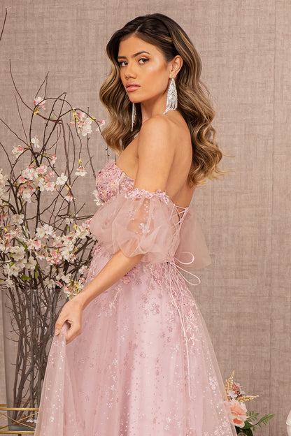Strapless Sheer Bodice Mesh A-Line w/ Detachable Short Mesh Sleeves Long Prom Dress GLGL3126-4