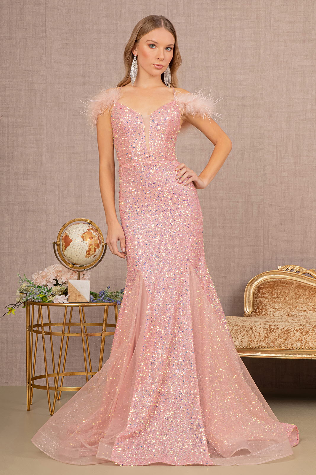 Dazzling Sequins Embellished Festive Gown w/ Feather & Open Lace Up Back GLGL3130-5