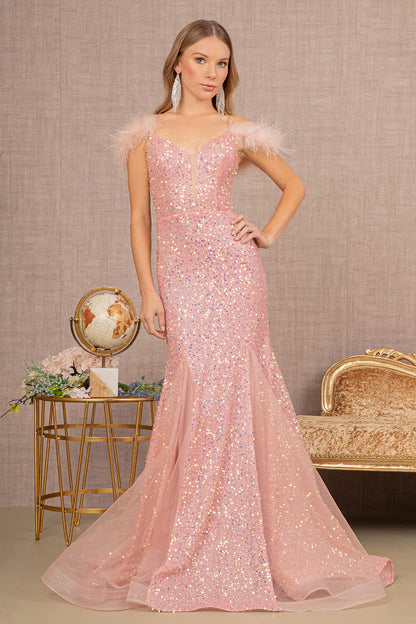 Dazzling Sequins Embellished Festive Gown w/ Feather & Open Lace Up Back GLGL3130-5