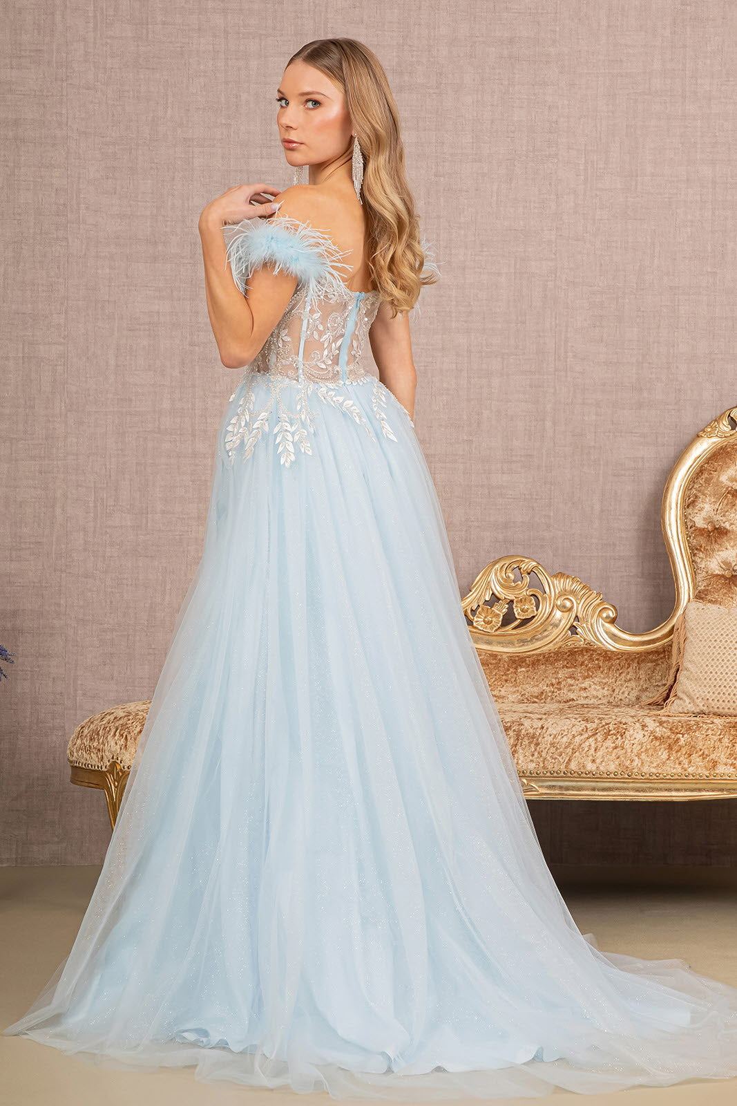 Feather Straps Sheer Bodice Glitter Sequin Mesh A-line Long Prom Dress GLGL3135-1