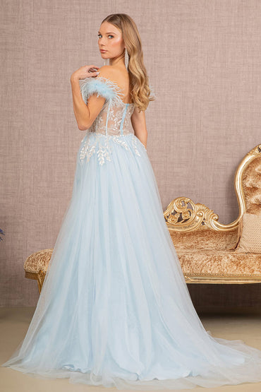 Feather Straps Sheer Bodice Glitter Sequin Mesh A-line Long Prom Dress GLGL3135-1