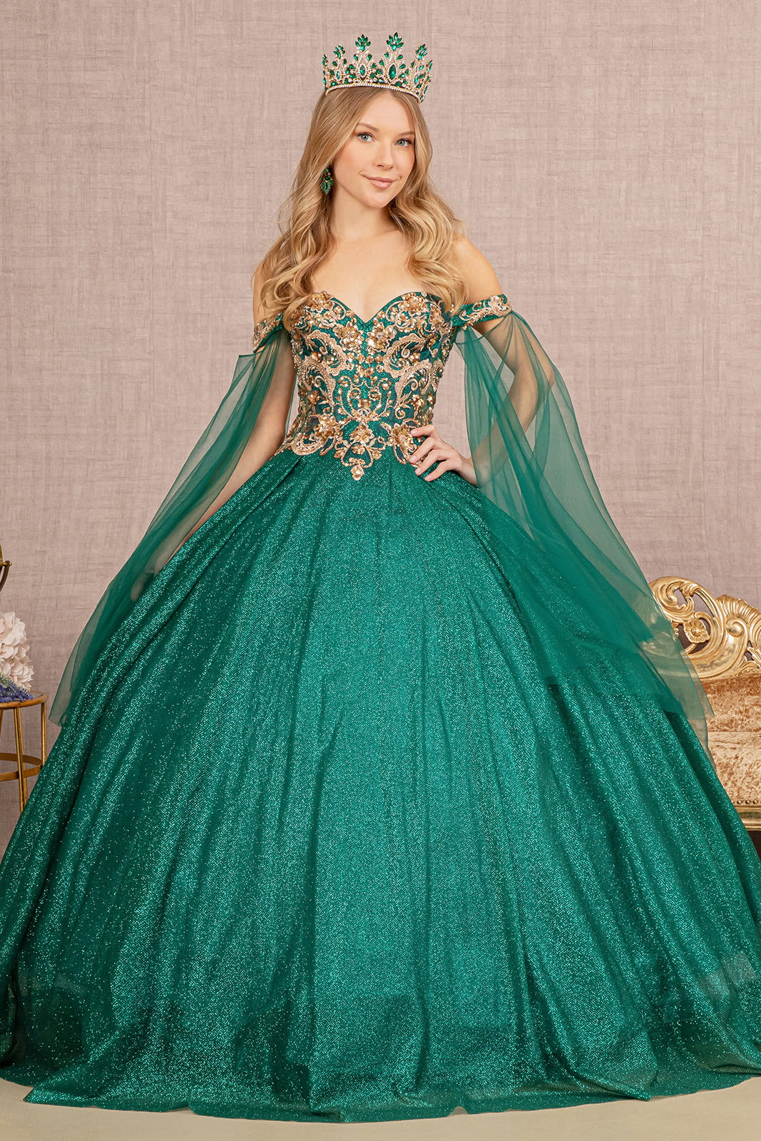 Glitter Sheer Bodice Mesh w/ Detachable Mesh Layers Long Ball Dress GLGL3139-0