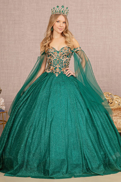Glitter Sheer Bodice Mesh w/ Detachable Mesh Layers Long Ball Dress GLGL3139-0