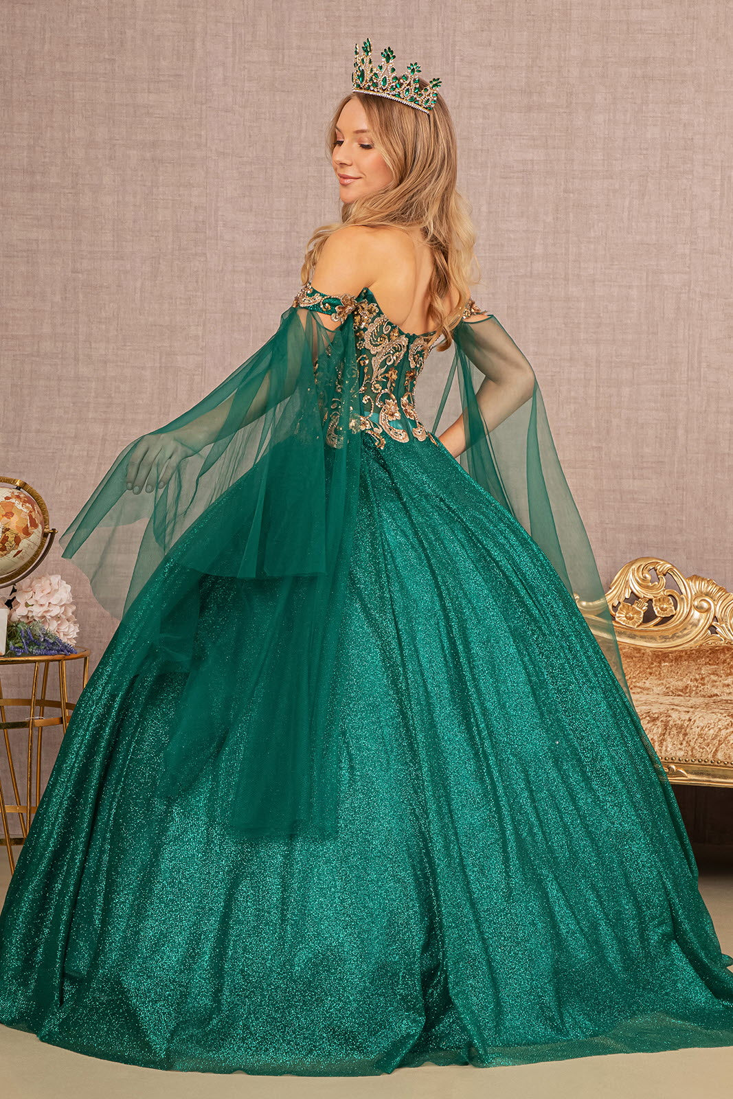 Glitter Sheer Bodice Mesh w/ Detachable Mesh Layers Long Ball Dress GLGL3139-1