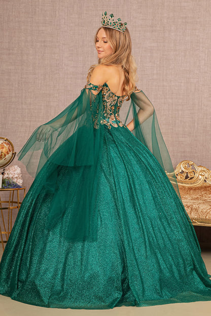 Glitter Sheer Bodice Mesh w/ Detachable Mesh Layers Long Ball Dress GLGL3139-1