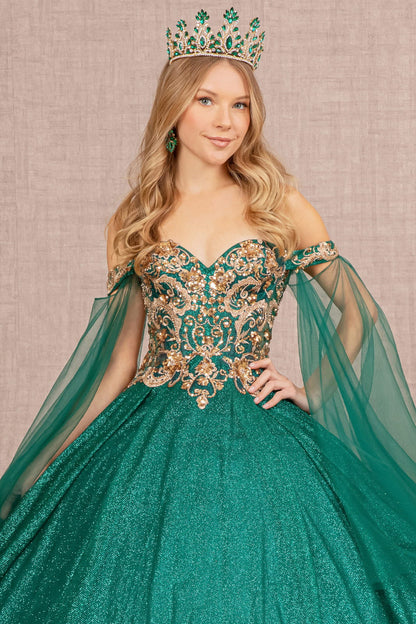 Glitter Sheer Bodice Mesh w/ Detachable Mesh Layers Long Ball Dress GLGL3139-2