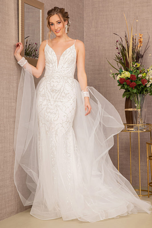 Jewel Bead w/ Detachable Waist Long Mesh Layer Long Wedding Dress GLGL3157
