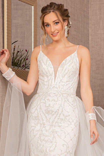 Jewel Bead w/ Detachable Waist Long Mesh Layer Long Wedding Dress GLGL3157