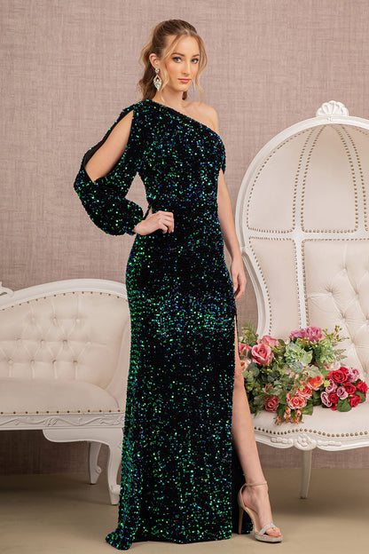 Sequin Asymmetric Velvet Festive Mermaid Gown w/ One Long Puff Sleeve  GLGL3159-6