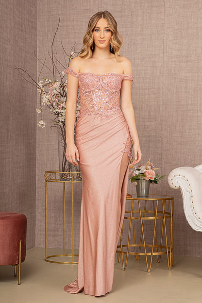 Glitter Sheer Bodice Off Shoulder Mermaid w/ Sheer Slit Long Prom Dress GLGL3162