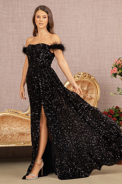 Off The Shoulder Elegant Velvet Gown w/ Leg Slit & Feathers Embroidery GL3163-0