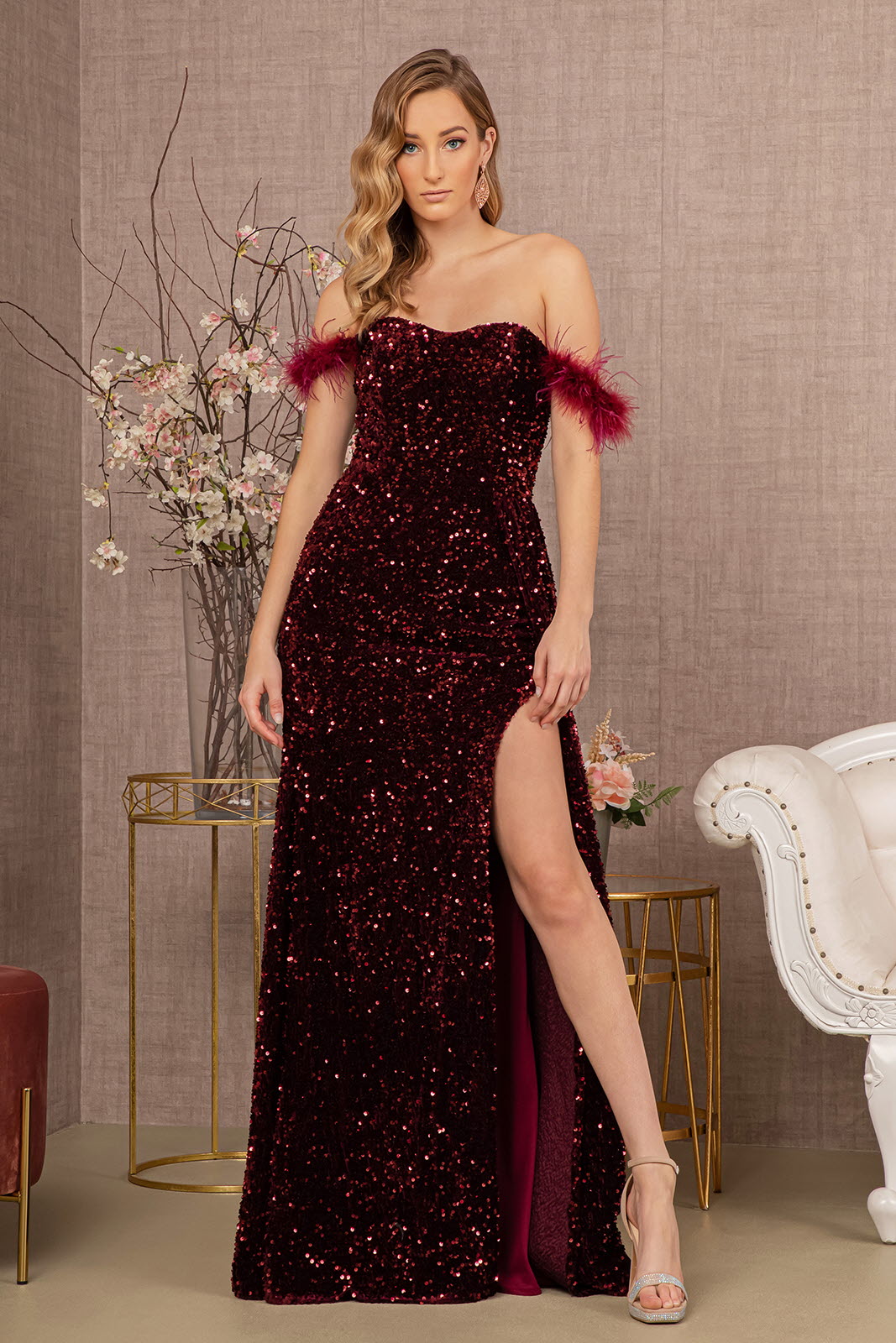 Off The Shoulder Elegant Velvet Gown w/ Leg Slit & Feathers Embroidery GL3163-5
