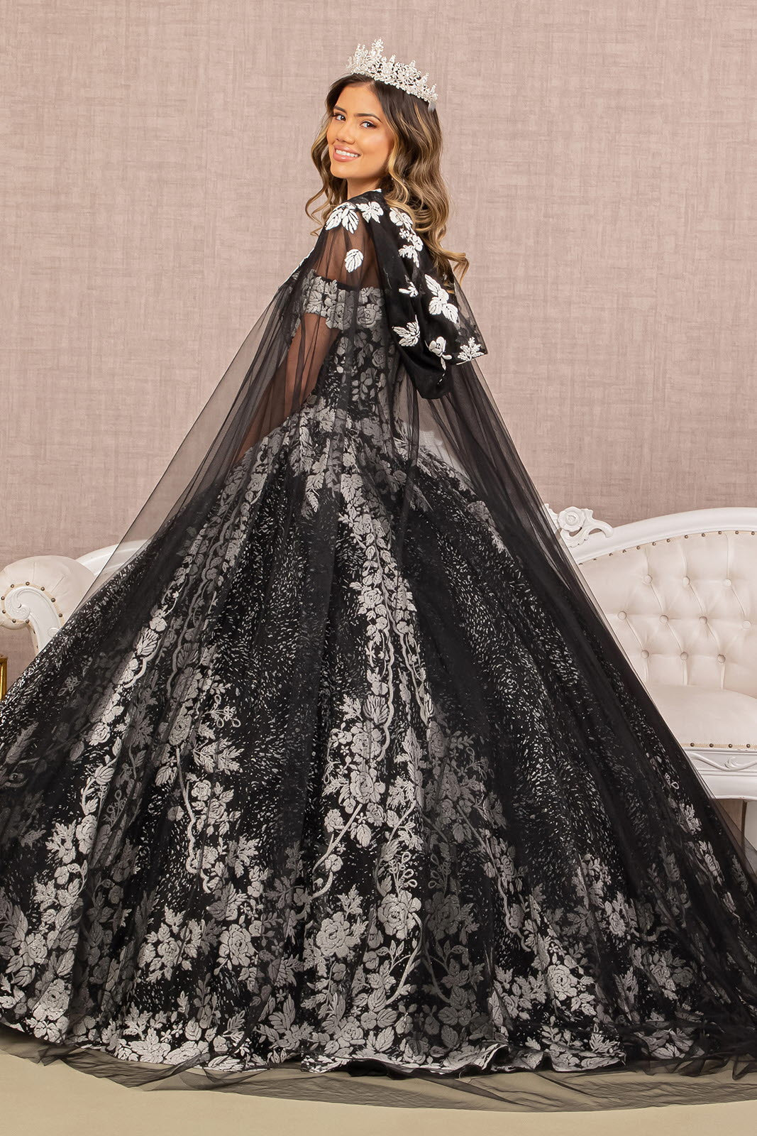Floral Pattern Glitter w/ Long Mesh Cape Long Quinceanera Dress GLGL3168-1
