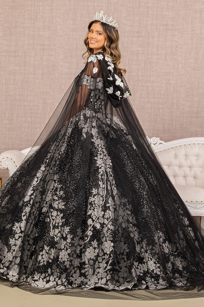Floral Pattern Glitter w/ Long Mesh Cape Long Quinceanera Dress GLGL3168-1