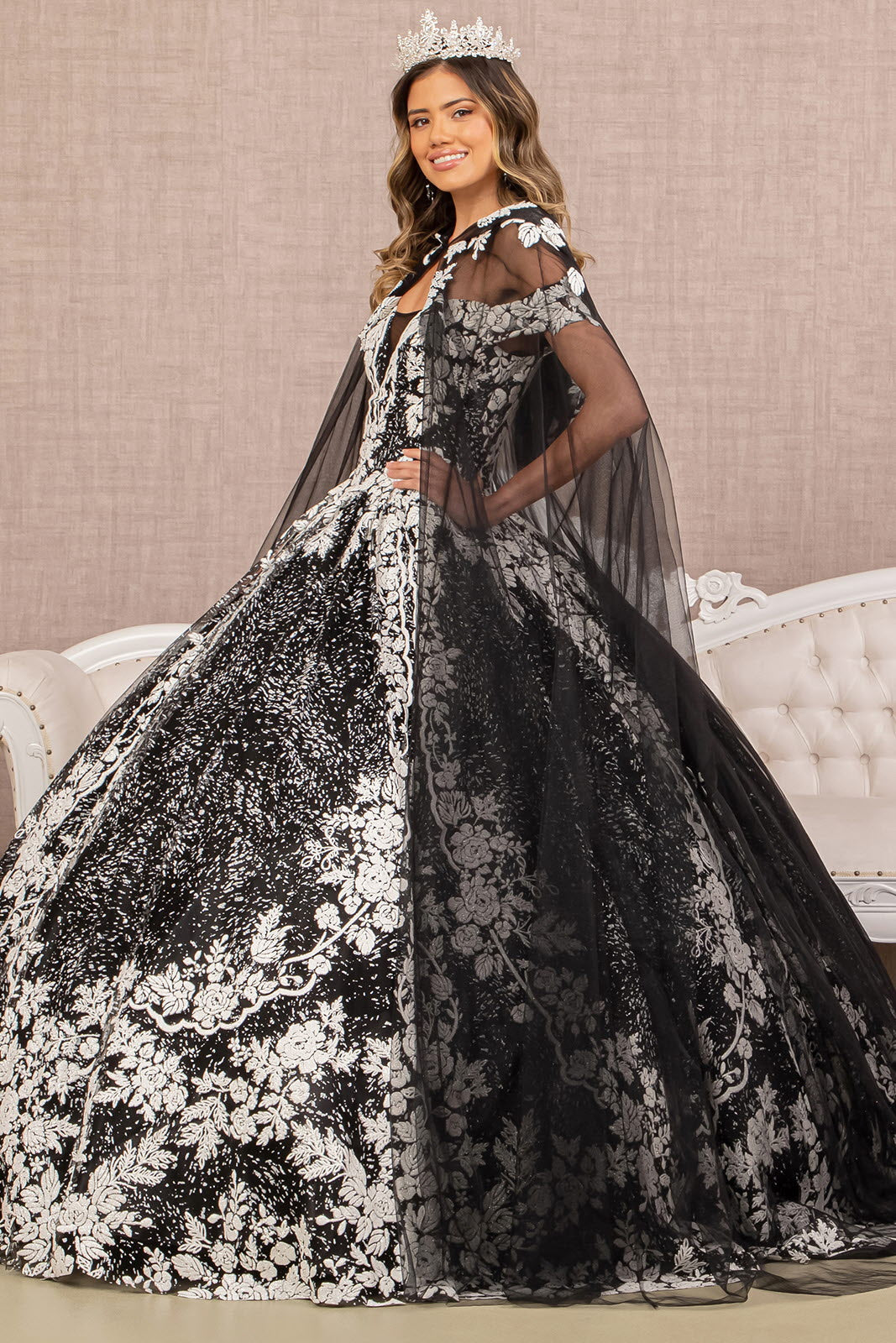 Floral Pattern Glitter w/ Long Mesh Cape Long Quinceanera Dress GLGL3168-2