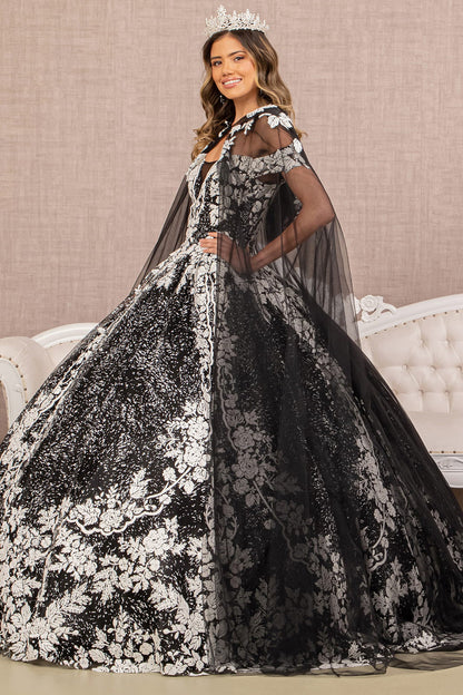 Floral Pattern Glitter w/ Long Mesh Cape Long Quinceanera Dress GLGL3168-2