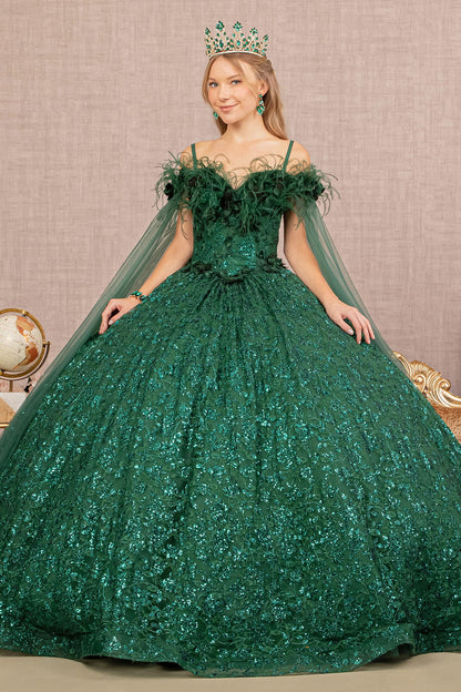 Feather Sequin Lace w/ Detachable Side Mesh Layer Long Quinceanera Dress GLGL3169-0