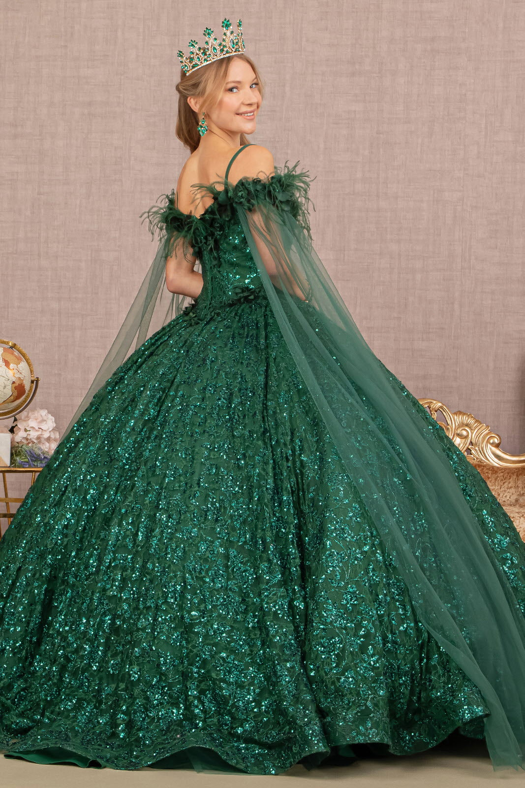 Feather Sequin Lace w/ Detachable Side Mesh Layer Long Quinceanera Dress GLGL3169-1