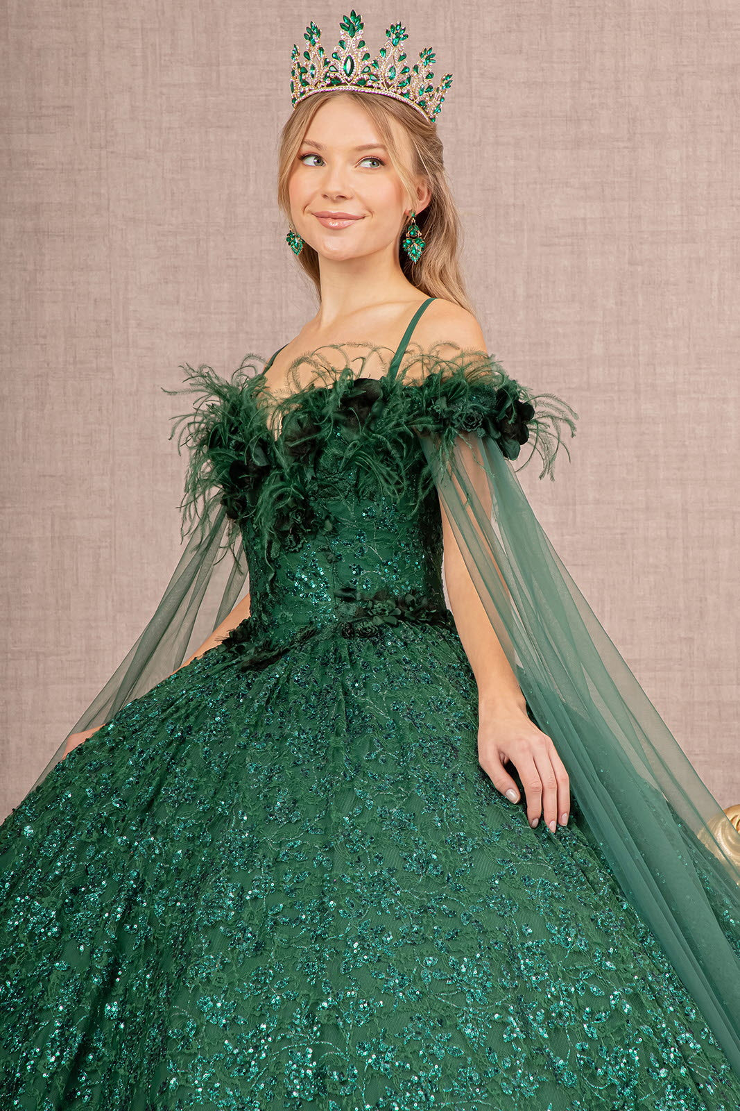 Feather Sequin Lace w/ Detachable Side Mesh Layer Long Quinceanera Dress GLGL3169-2