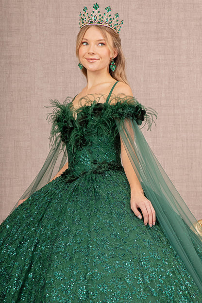 Feather Sequin Lace w/ Detachable Side Mesh Layer Long Quinceanera Dress GLGL3169-2