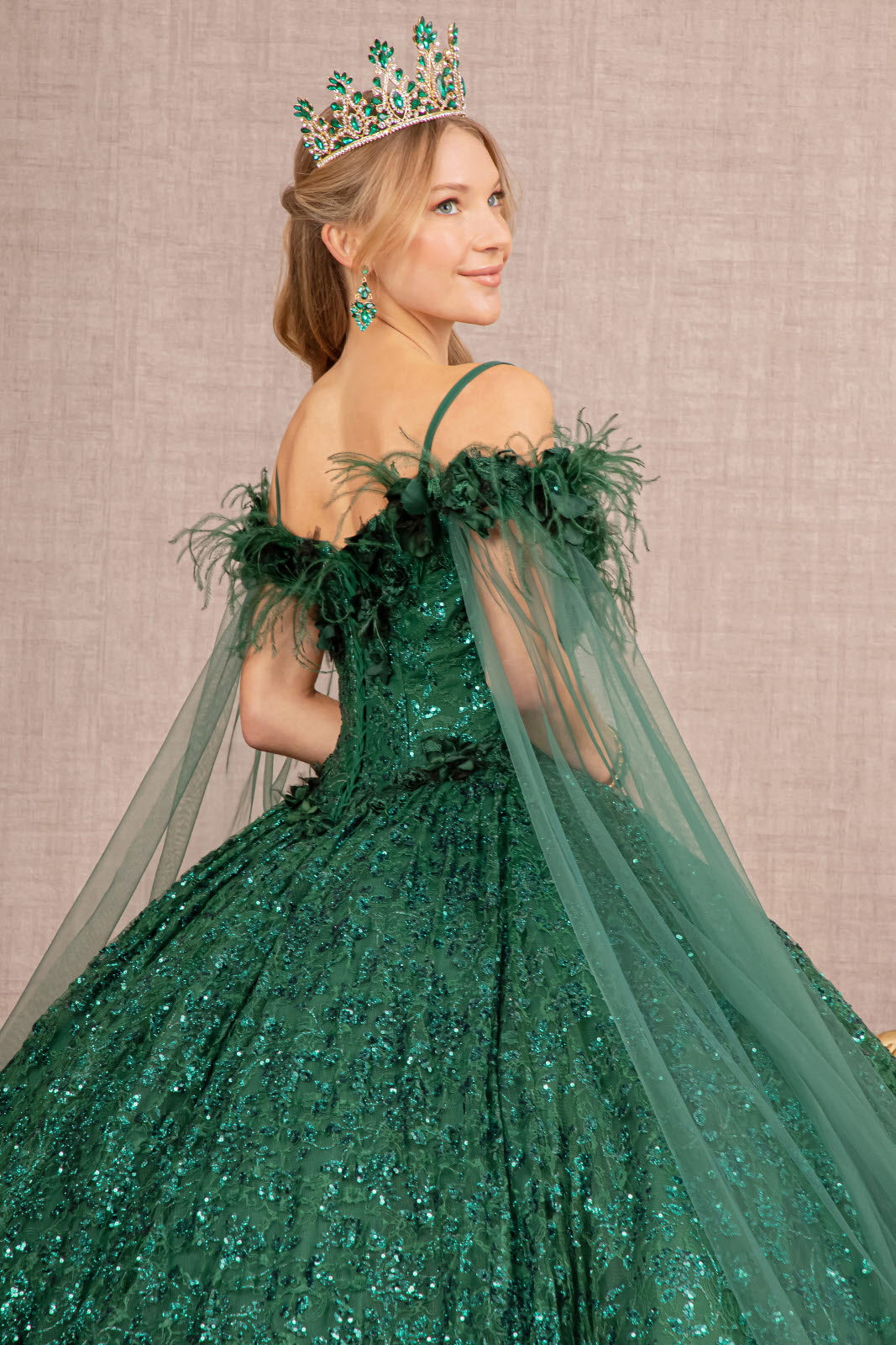 Feather Sequin Lace w/ Detachable Side Mesh Layer Long Quinceanera Dress GLGL3169-3