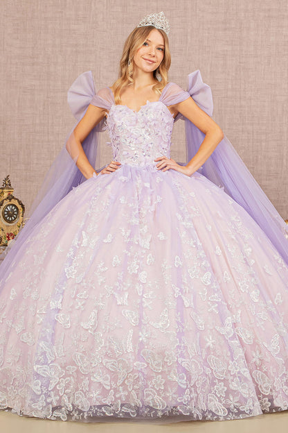 Jewel Glitter w/ Long Mesh Layer and Ribbons Long Quinceanera Dress GLGL3175-0