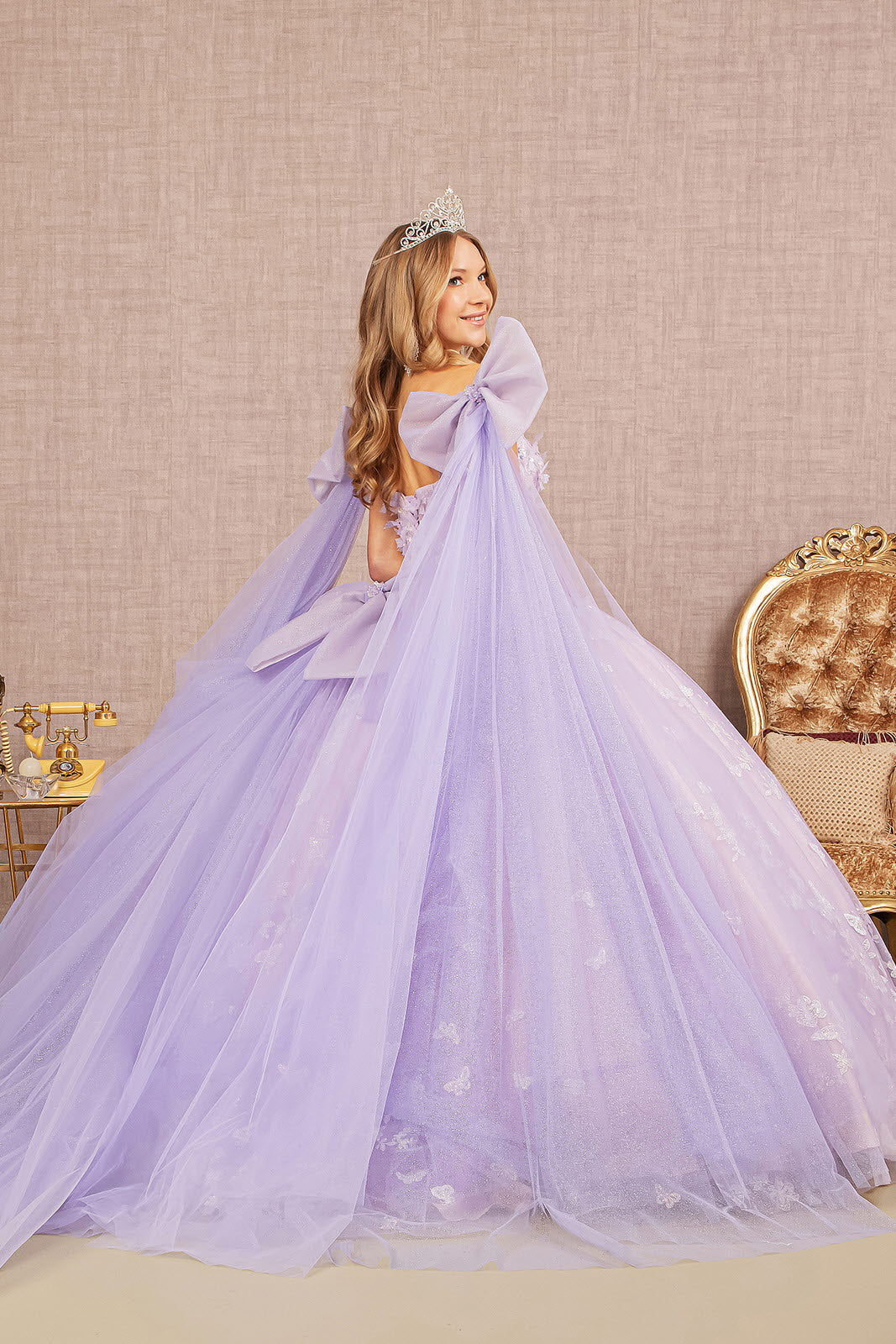 Jewel Glitter w/ Long Mesh Layer and Ribbons Long Quinceanera Dress GLGL3175-1