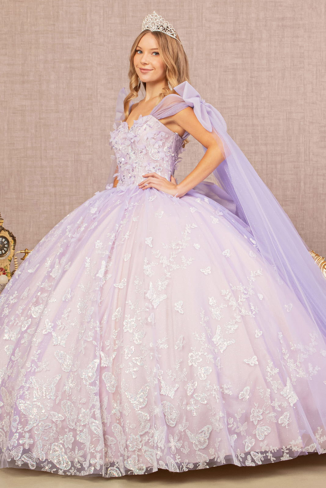 Jewel Glitter w/ Long Mesh Layer and Ribbons Long Quinceanera Dress GLGL3175-2