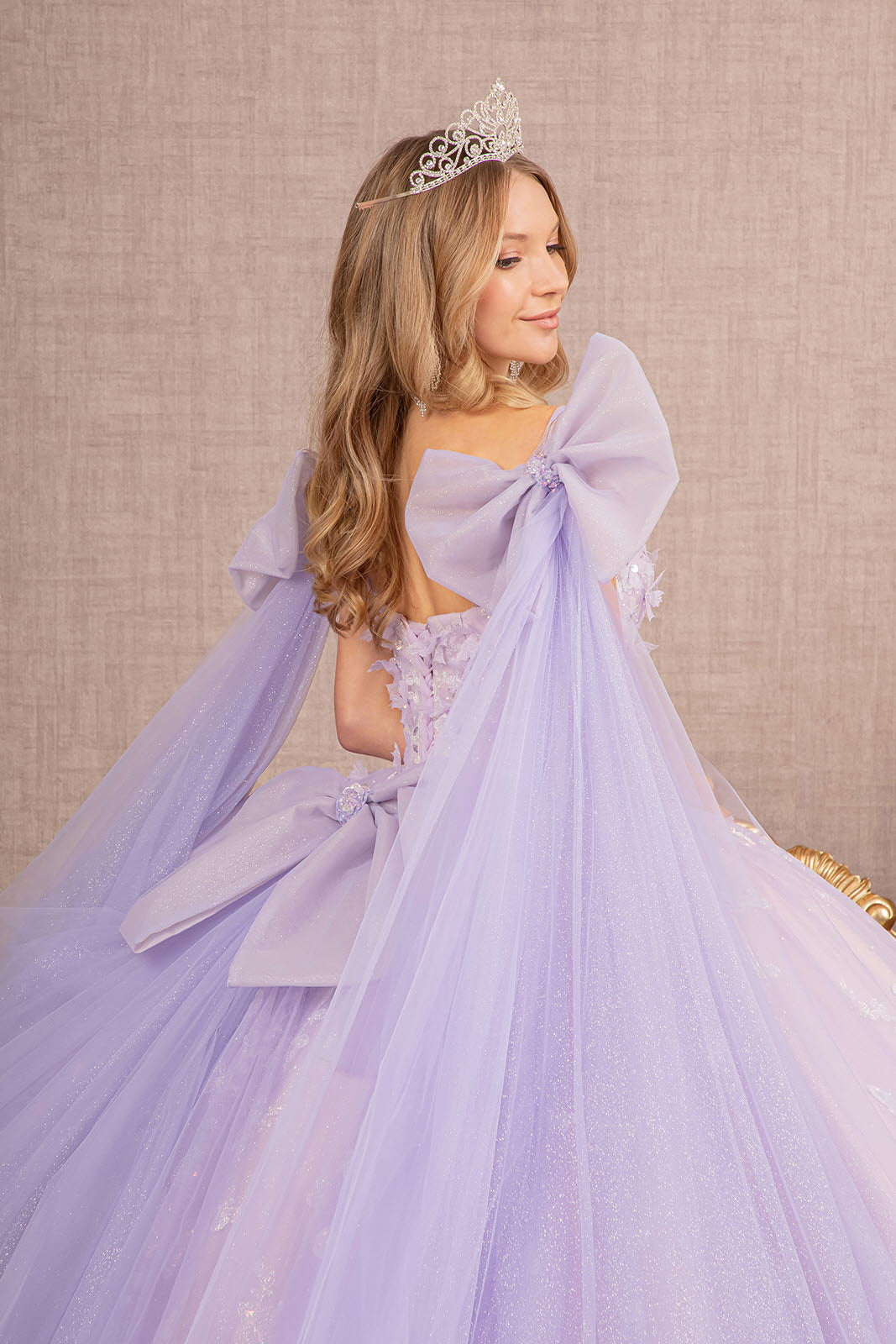 Jewel Glitter w/ Long Mesh Layer and Ribbons Long Quinceanera Dress GLGL3175-4