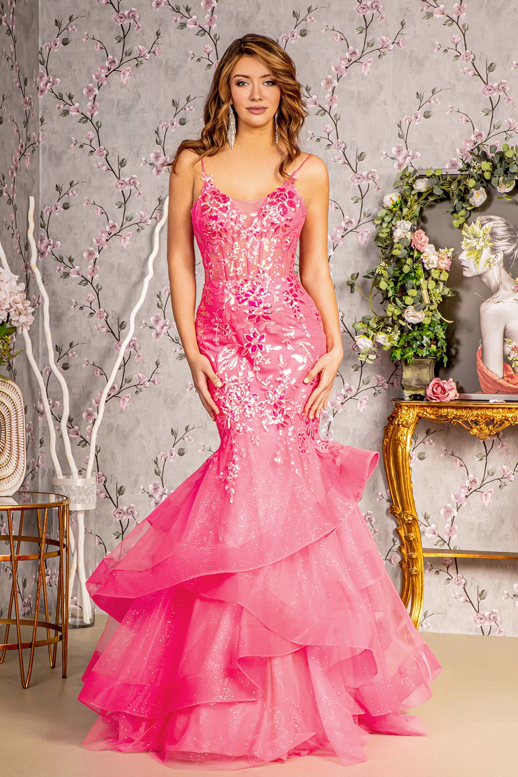 Glitter Sequin Sheer Bodice Mesh Trumpet Ruffled Hem Long Prom Dress GLGL3205