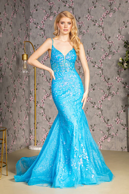 Glitter Sequin Sheer Bodice Mesh Trumpet Long Prom Dress GLGL3220
