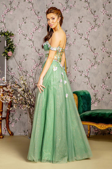 Glitter Jewel Sheer Bodice Off Shoulder Mesh A-line Long Prom Dress GLGL3227