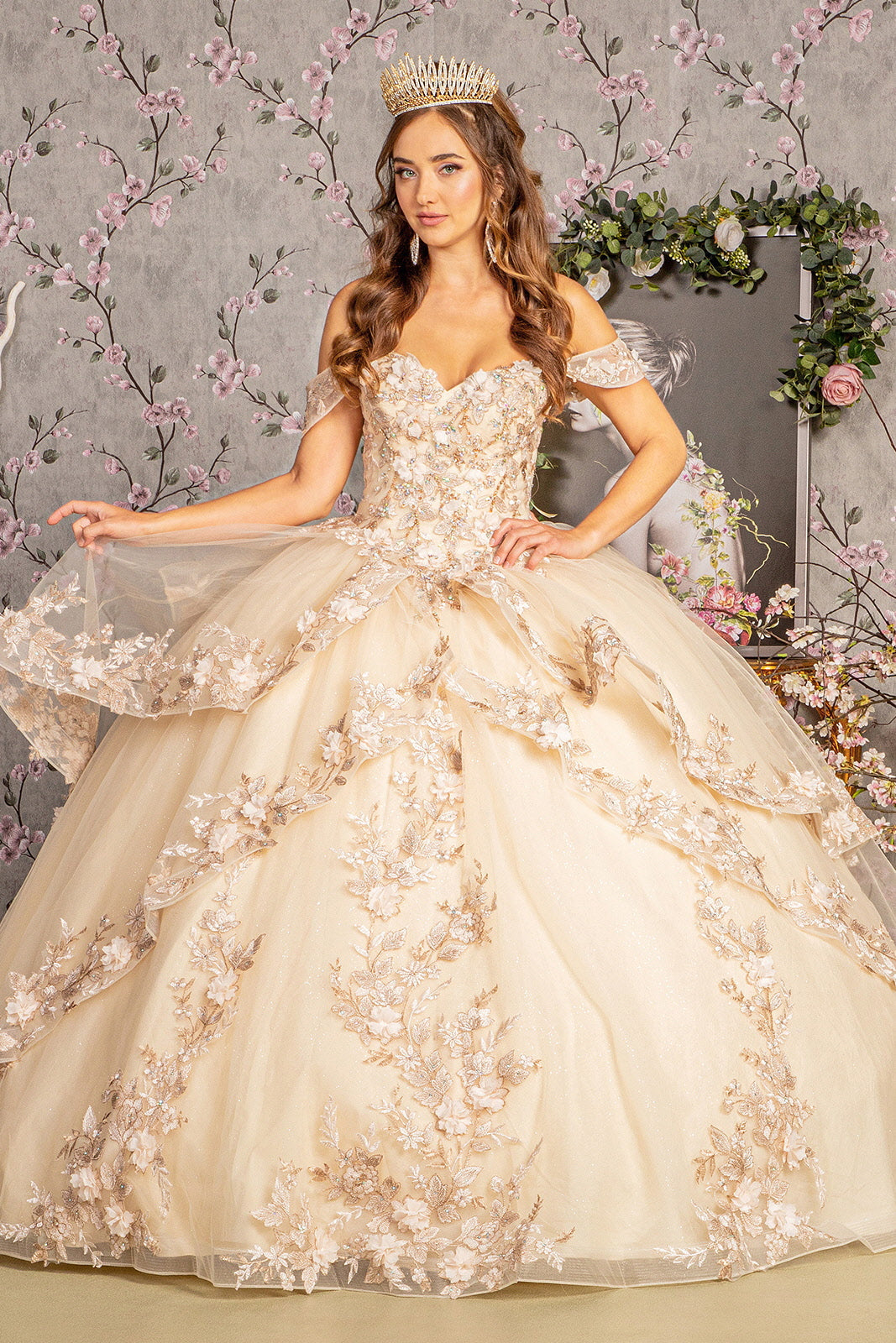 Jewel Sequin Sweetheart Off Shoulder Mesh Long Ball Dress GLGL3240