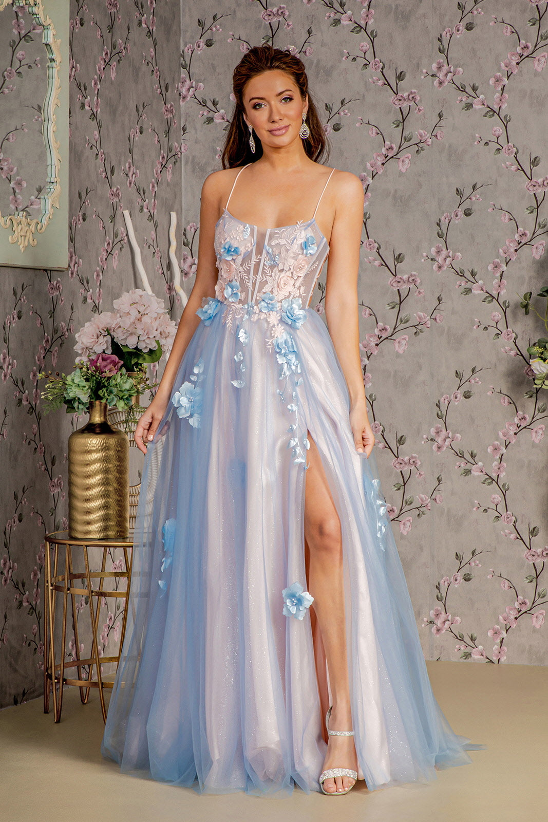 3D Flower Sheer Bodice Cut-out Back Mesh A-line Long Prom Dress GLGL3250