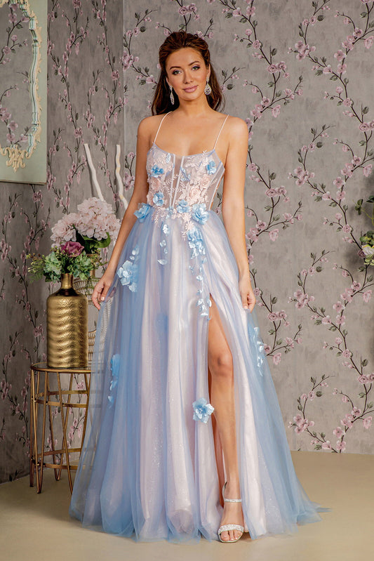 3D Flower Sheer Bodice Cut-out Back Mesh A-line Long Prom Dress GLGL3250