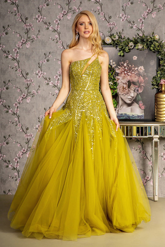 Asymmetric Sequin Sheer Cut-out Front Mesh A-line Long Prom Dress GLGL3281