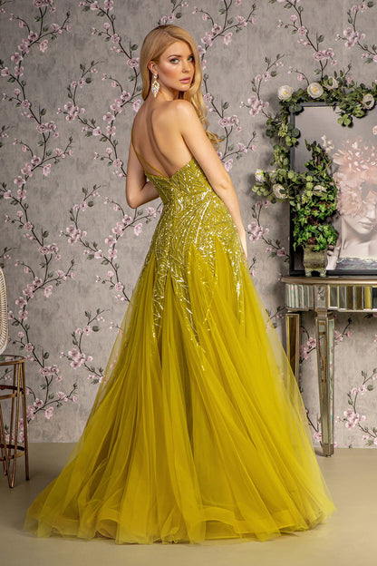 Asymmetric Sequin Sheer Cut-out Front Mesh A-line Long Prom Dress GLGL3281