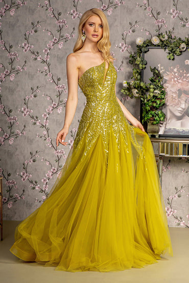 Asymmetric Sequin Sheer Cut-out Front Mesh A-line Long Prom Dress GLGL3281