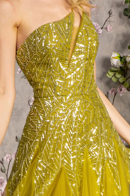 Asymmetric Sequin Sheer Cut-out Front Mesh A-line Long Prom Dress GLGL3281
