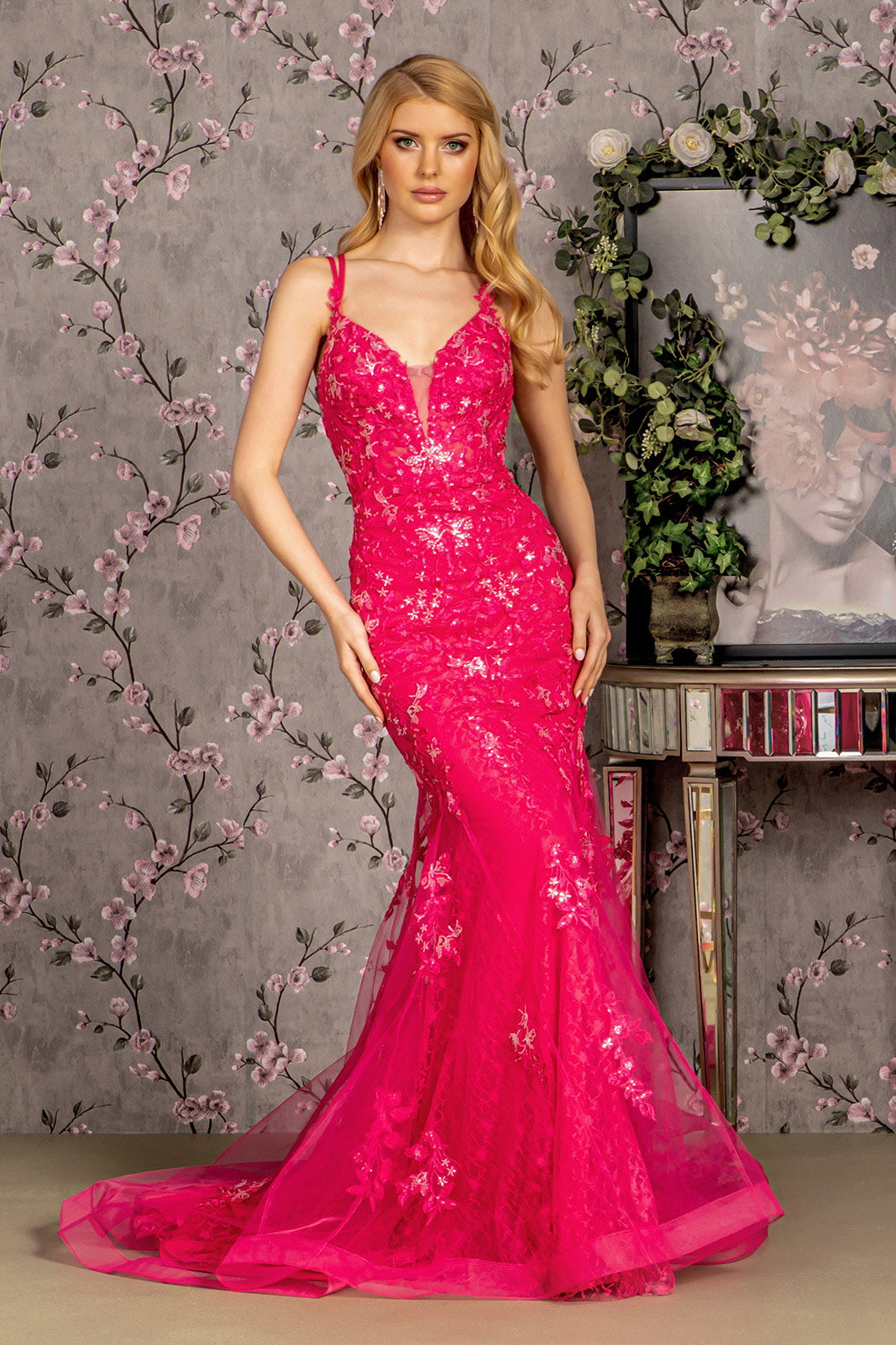Floral Embroidery Sequin Sheer Bodice Mesh Mermaid Long Prom Dress GLGL3333