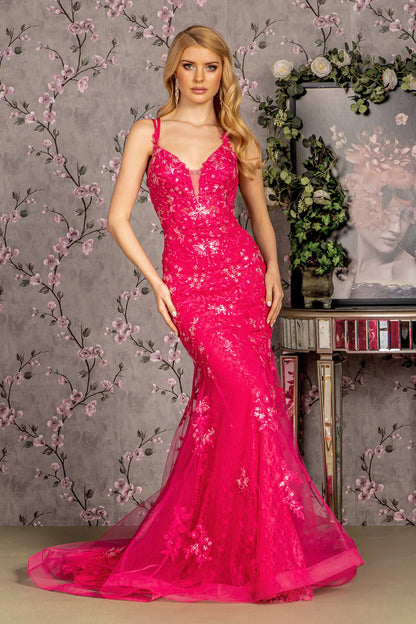 Floral Embroidery Sequin Sheer Bodice Mesh Mermaid Long Prom Dress GLGL3333