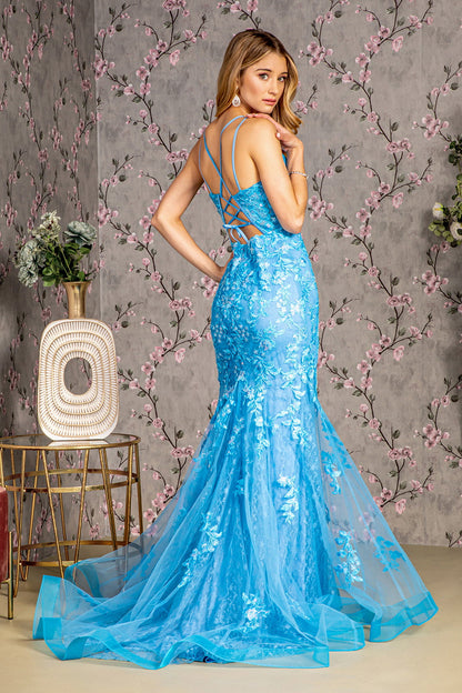 Floral Embroidery Sequin Sheer Bodice Mesh Mermaid Long Prom Dress GLGL3333