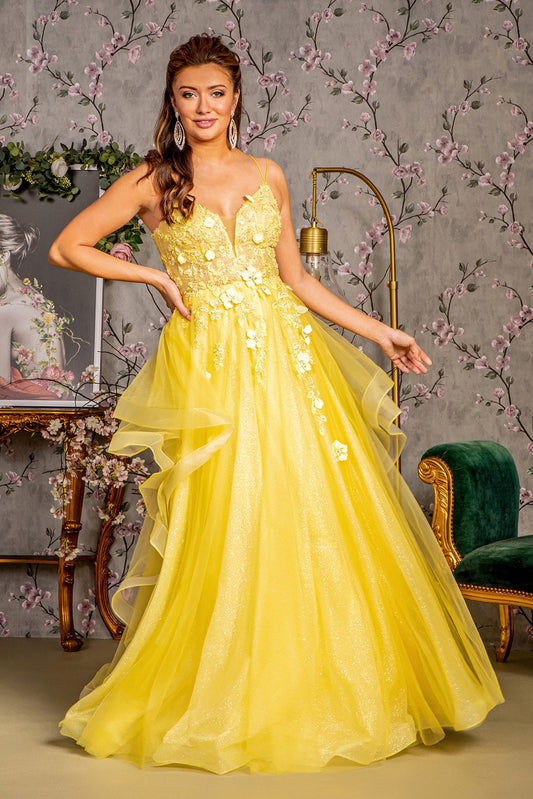 Bead Sequin Mesh A-line w/ Ruffled Layered Back Long Prom Dress GLGL3356