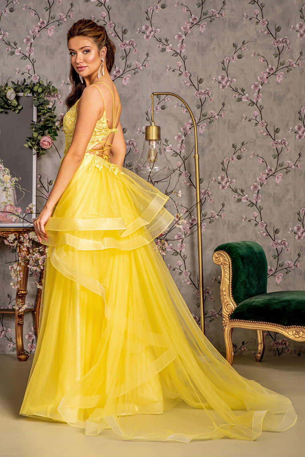 Bead Sequin Mesh A-line w/ Ruffled Layered Back Long Prom Dress GLGL3356