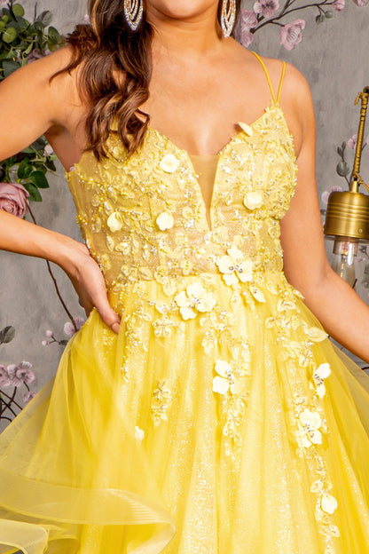 Bead Sequin Mesh A-line w/ Ruffled Layered Back Long Prom Dress GLGL3356