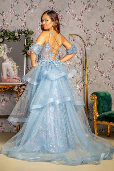 3D Flower Puff Sleeves Mesh A-line w/ Detachable Waist Drape Long Prom Dress GLGL3358