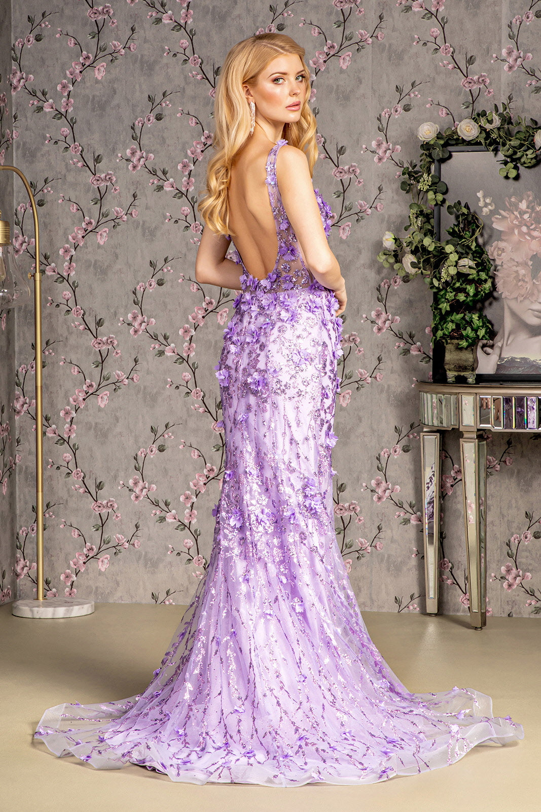 Jewel Glitter Sheer Bodice Mesh Mermaid Long Prom Dress GLGL3410