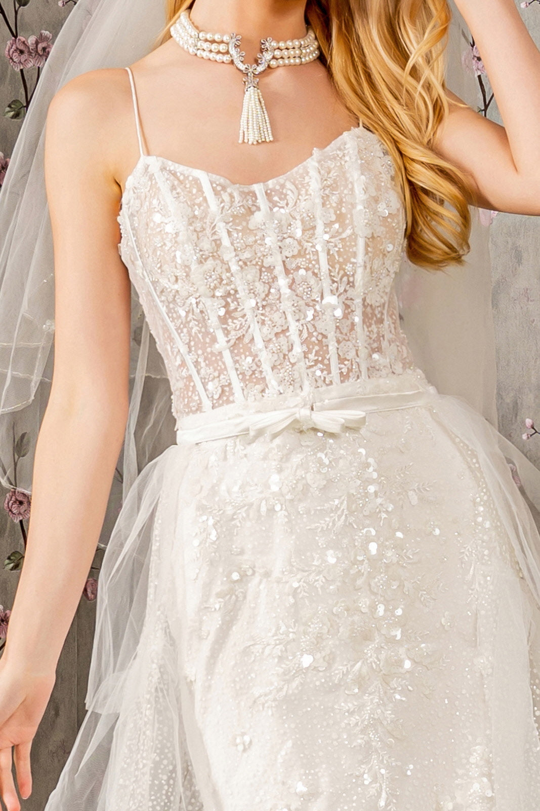 Embroidery Bead Mesh Mermaid w/ Mesh Long Cape Long Wedding Dress GLGL3425